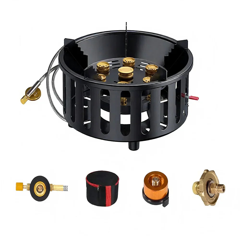 Compact 7-Core Camping Gas Stove with igniter, ideal for backpacking and survival gear