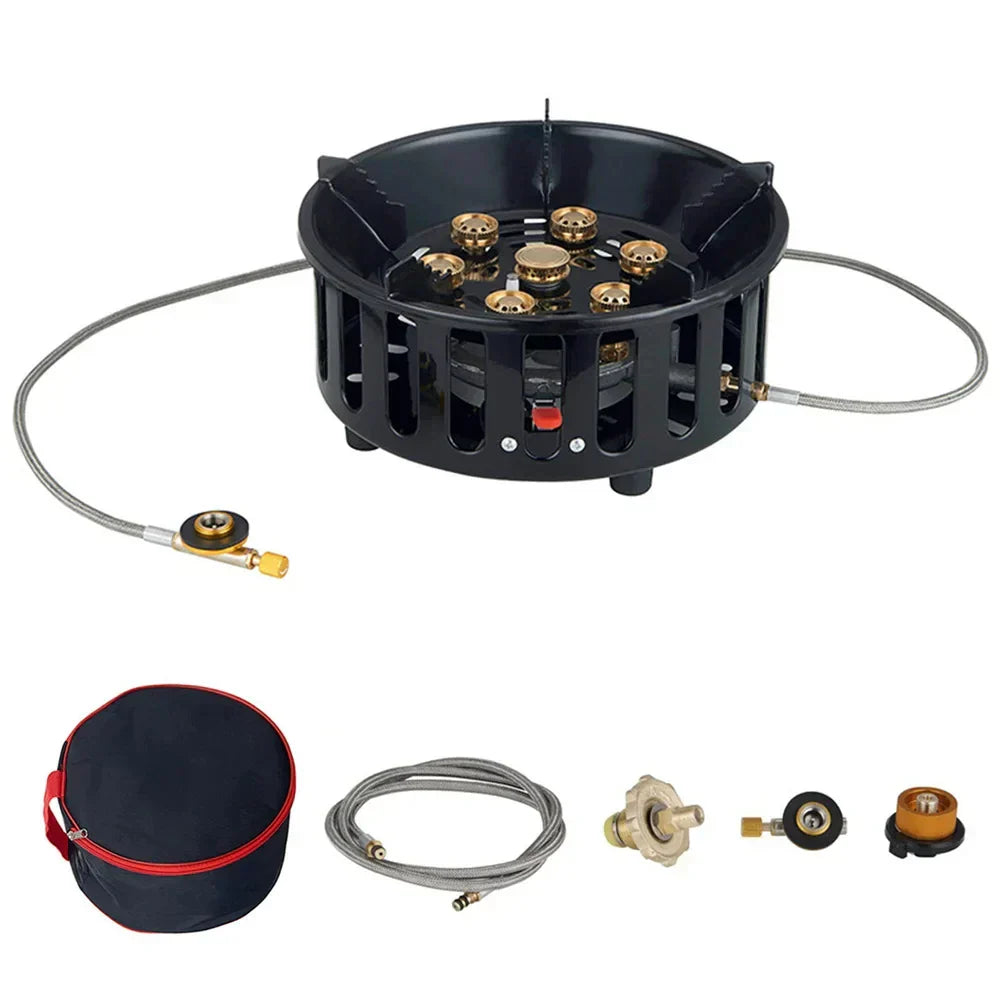 Close-up of Kael 7-core camping gas stove flame with electronic ignition mechanism