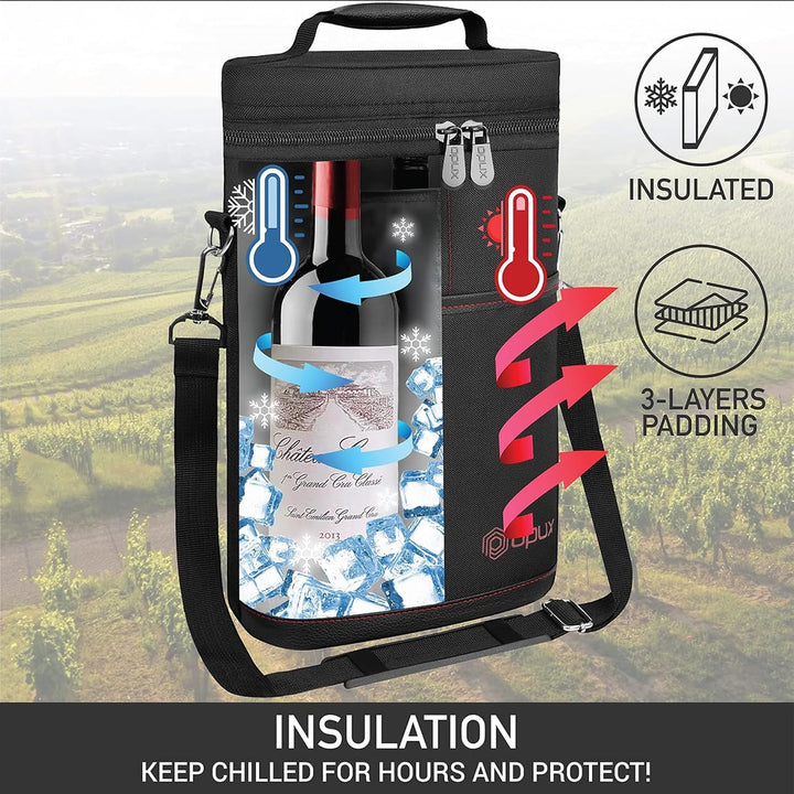 Stylish insulated wine tote, holds two bottles, durable canvas for picnics and beverage transport.