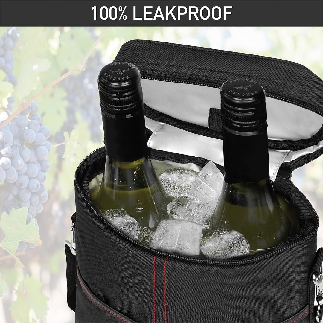 Two-bottle wine carrier bag, insulated and portable canvas for safe and cool wine travel.