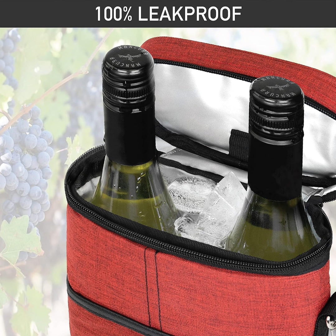 Compact beverage carrier, insulated canvas tote for two wine bottles, essential picnic accessory.
