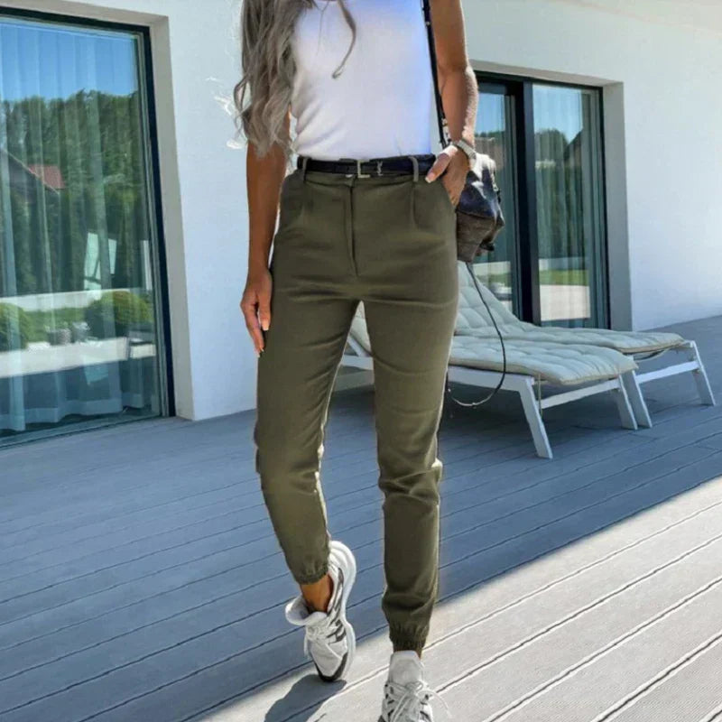 Tailored black chino trousers for women, ideal for smart casual or office wear.
