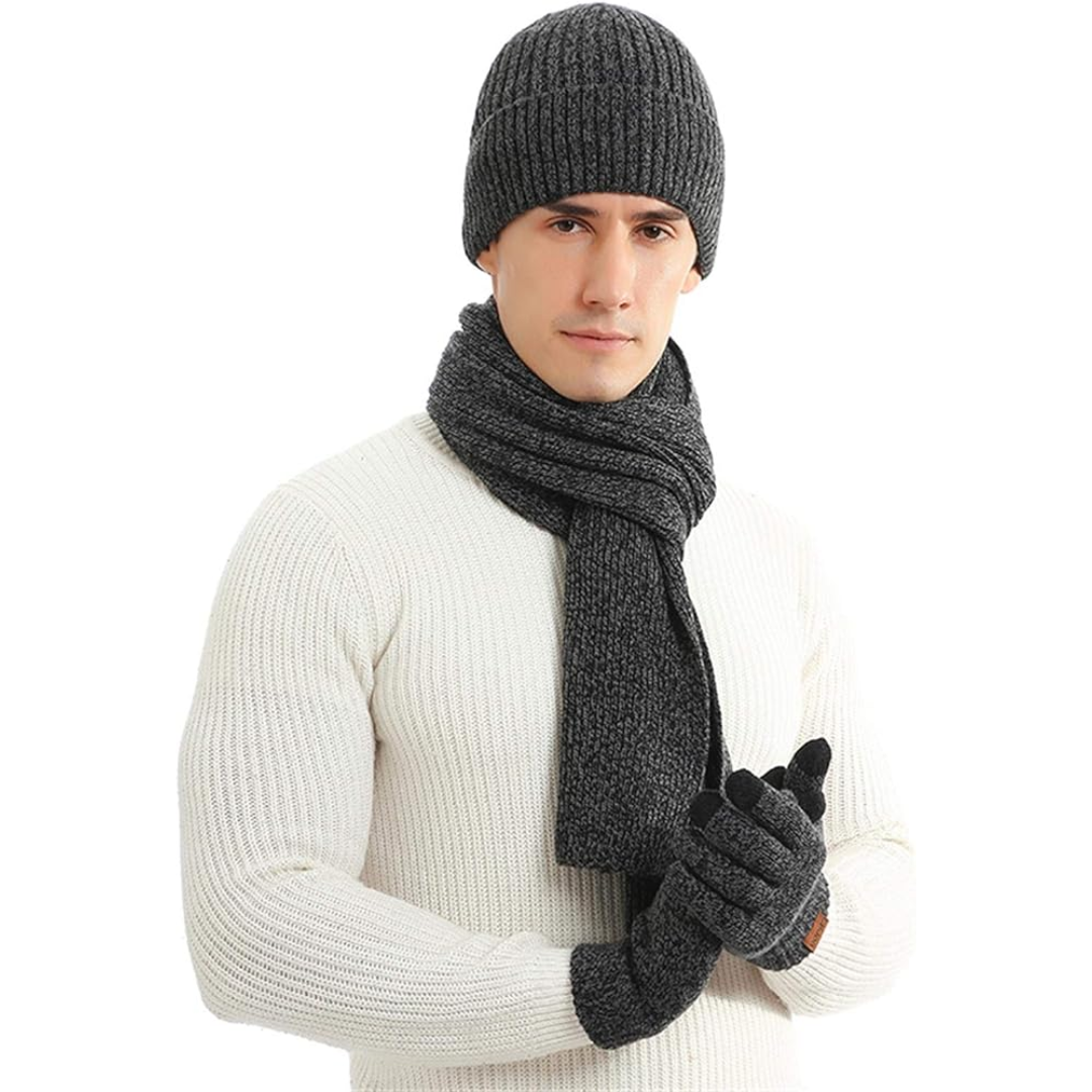 Men's essential winter accessories: beanie, scarf, and touchscreen gloves in a stylish grey