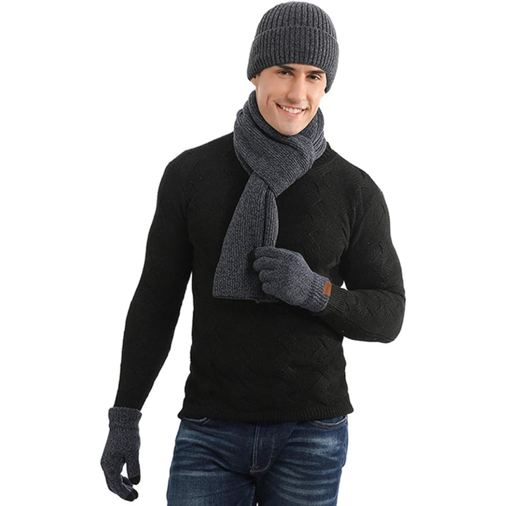 Practical men's winter set: knitted beanie, warm scarf, and touchscreen gloves in navy blue