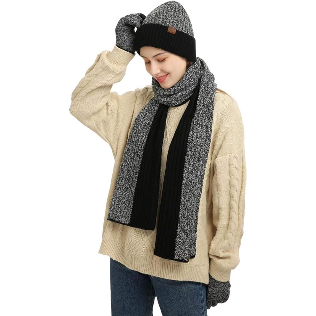 Men's essential knitted winter beanie, matching scarf, and touchscreen gloves in a classic black