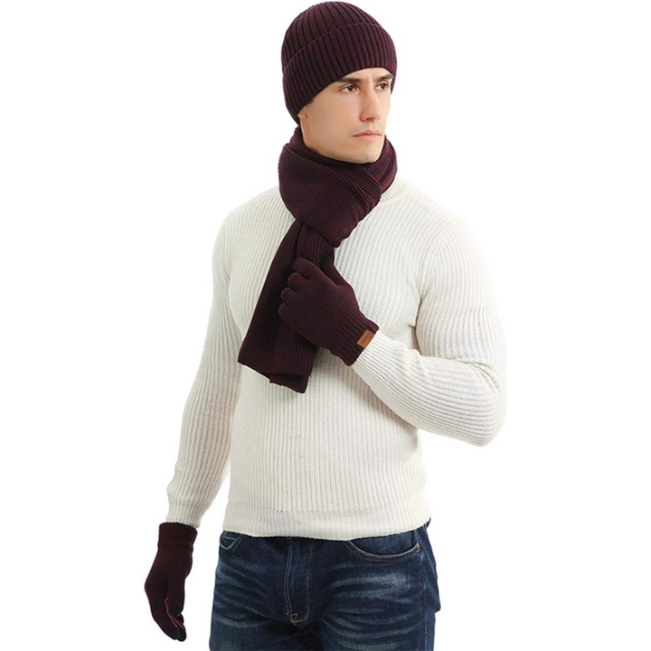 Complete men's winter gear: knitted beanie, long scarf, and touchscreen gloves for superior warmth