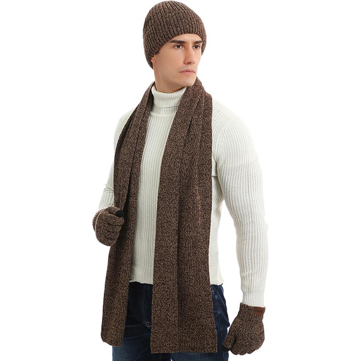 Casual men's knitted winter beanie, scarf, and touchscreen gloves set in versatile black