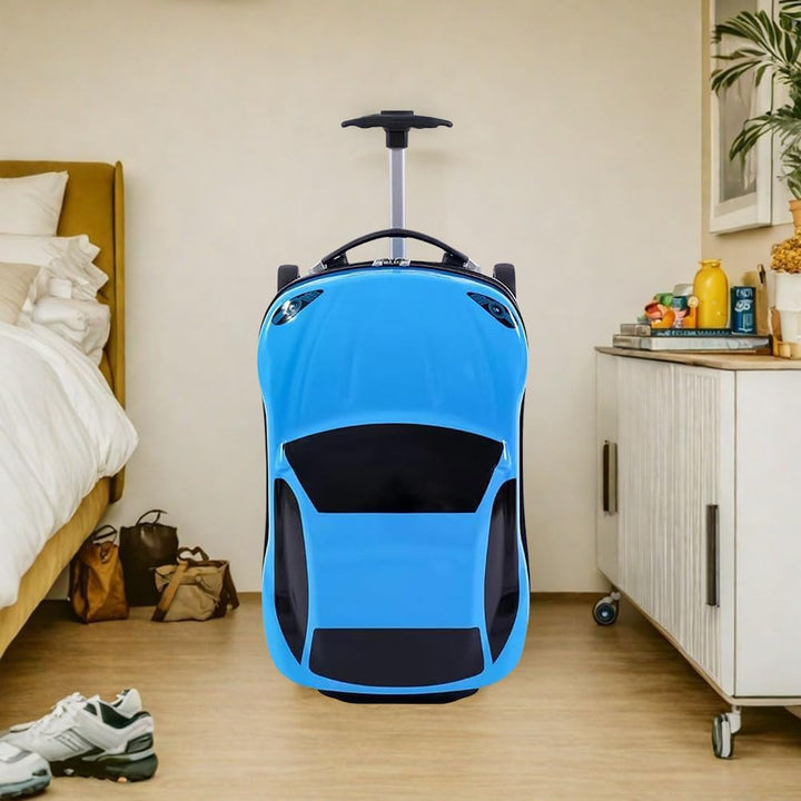 Vibrant 18-inch kids' car suitcase, pull-along with retractable handle. Fun rolling luggage.