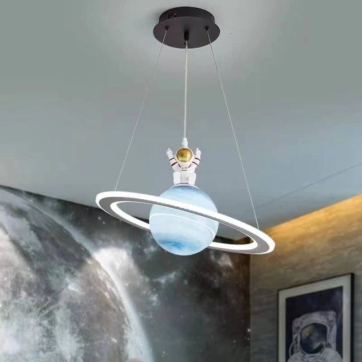 Children's bedroom LED pendant light. Fun planet decor, a cosmic light fixture for any kids' room.