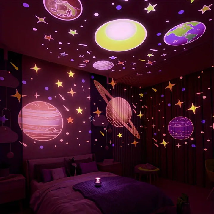 USB rechargeable starry sky projector for kids' room. Remote control night light & sleep aid.