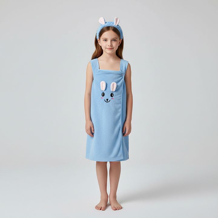 Absorbent kids' hooded animal bathrobe, 'BathFun' brand, junior cozy and soft for after swimming