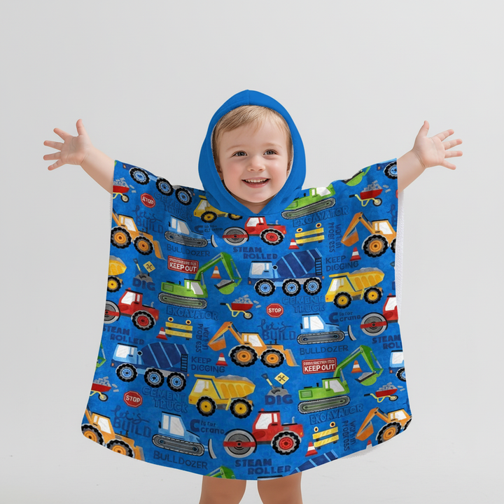 Childrens' unisex hooded poncho featuring a vibrant construction vehicle print, ideal for all weather.