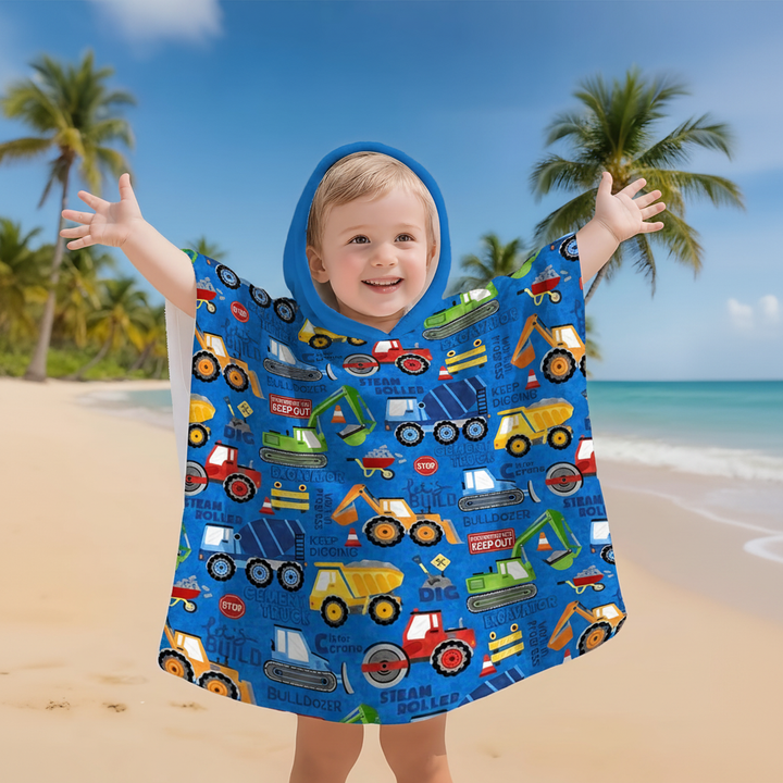 Kids' hooded poncho with construction print, water repellent polyester, front view for play clothes.