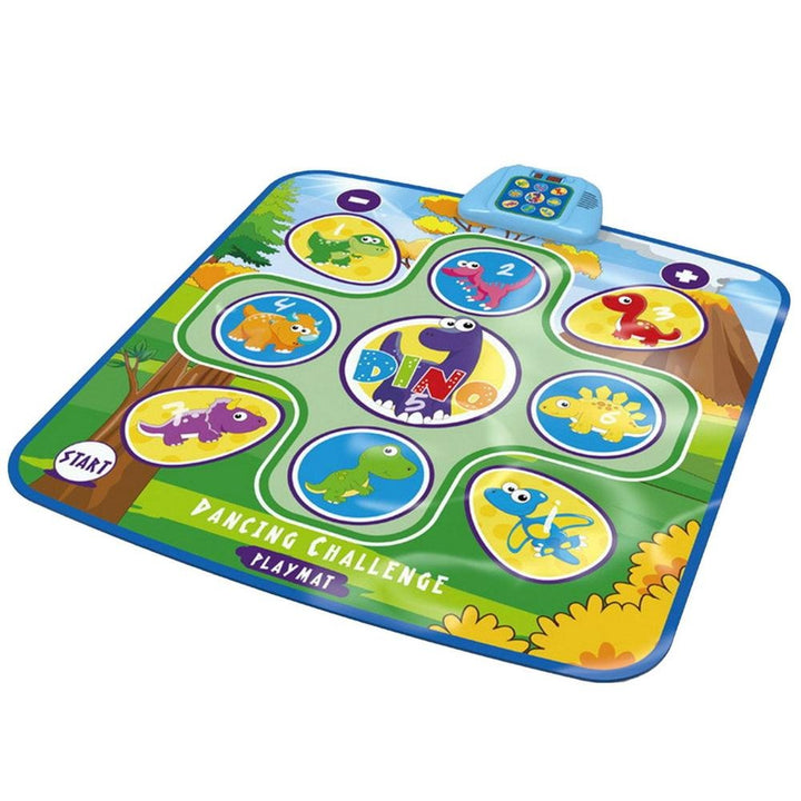 Close-up of bright LED lights on an interactive kids' dance mat, showing electronic game features for active play.