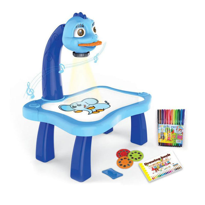 Brightly colored kids' LED drawing projector table. Features music for creative art and tracing activities.