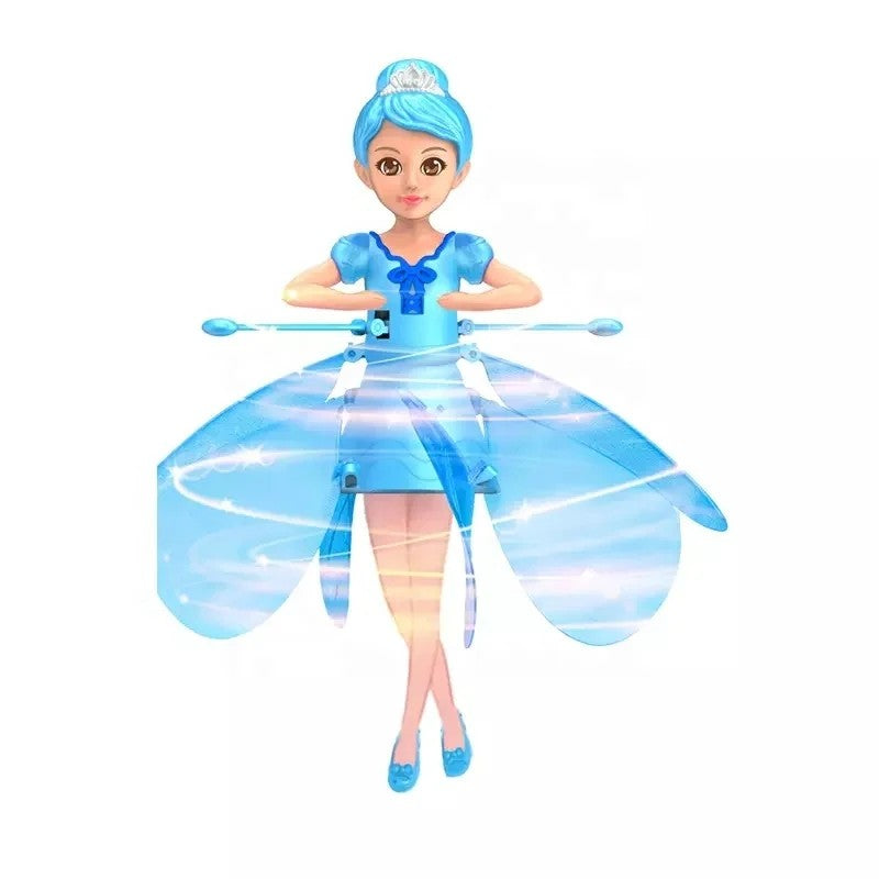 Red and blue magical flying drone, a fun kids' toy, demonstrating its gesture-controlled flight