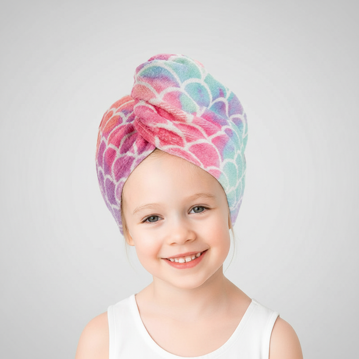 Absorbent microfiber kids hair towel with a vibrant scale design, making hair drying easy and fun for children.
