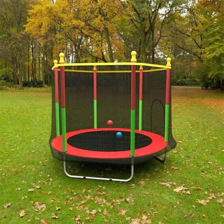 Brightly colored outdoor kids trampoline with safety net, ideal for active play & backyard jumping fun.