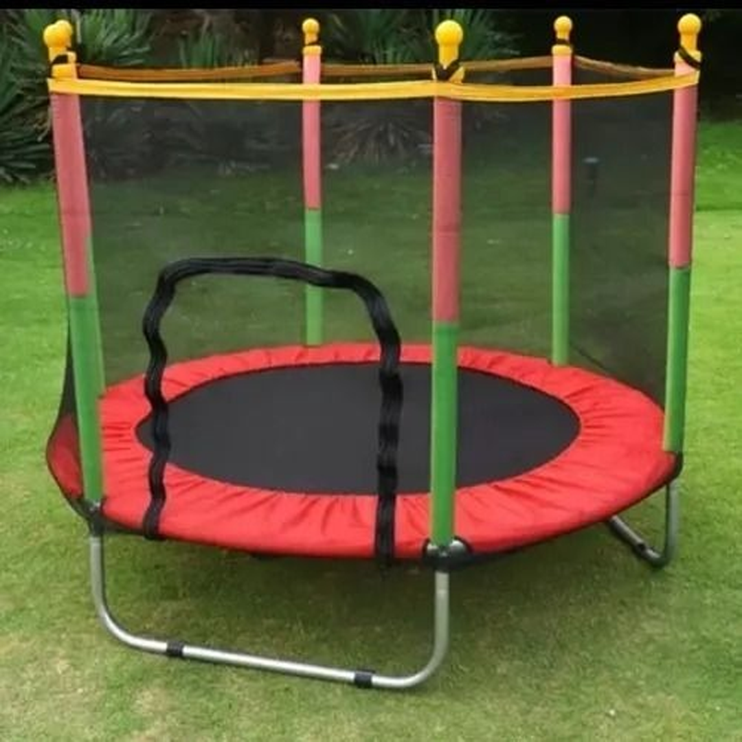 Family fun backyard trampoline with a full safety net for kids, encouraging active jumping & outdoor play.