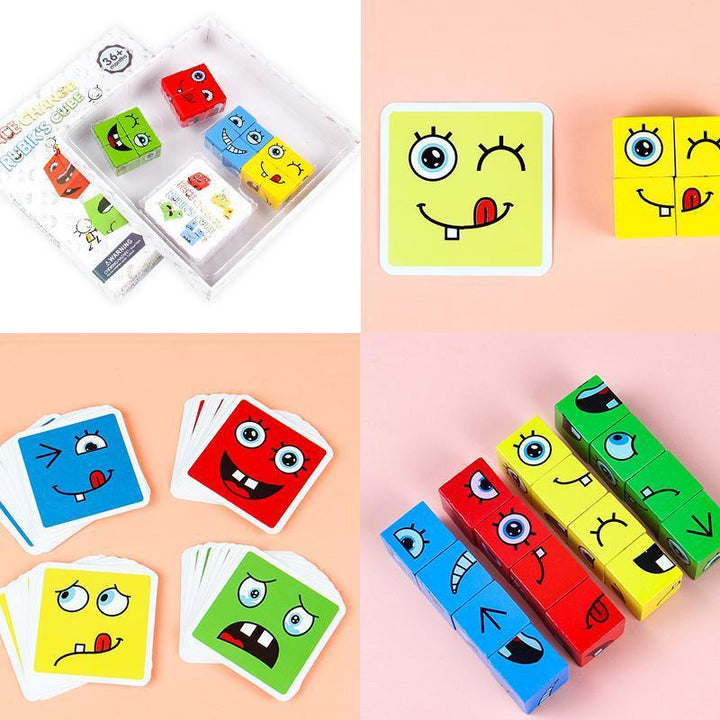 All wooden pieces of BlockiMix educational puzzle laid out, ready for kids to assemble and learn.
