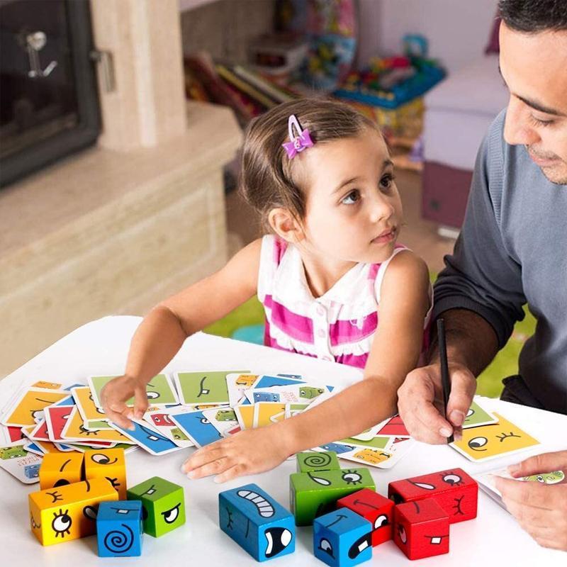 Bright red, blue, green, yellow wooden blocks of BlockiMix puzzle, teaching color identification to toddlers.