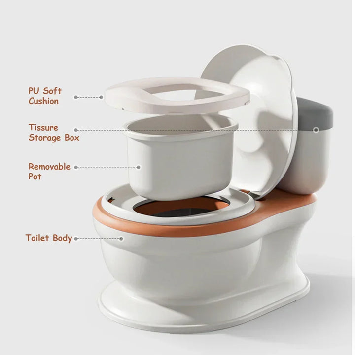 Brown kids' PottyPal training seat. Comfortable toddler toilet with fun features. Durable and easy to clean.