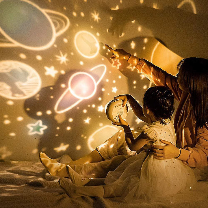 Cute rabbit star projector night light, calming nursery lamp for children's bedroom decor, promotes sleep.