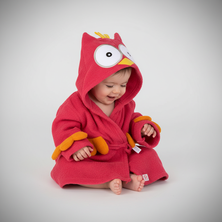 Happy baby in a soft, white animal hooded SnuggleRobe, perfect for keeping warm and dry after bath