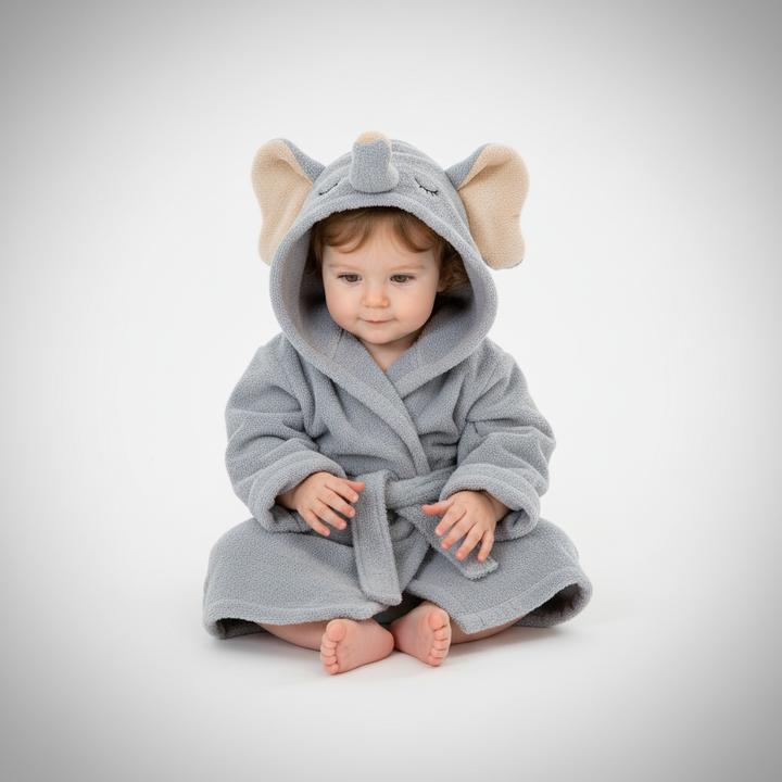 Interactive image of a child playing in an animal hooded bathrobe, highlighting its comfort and material
