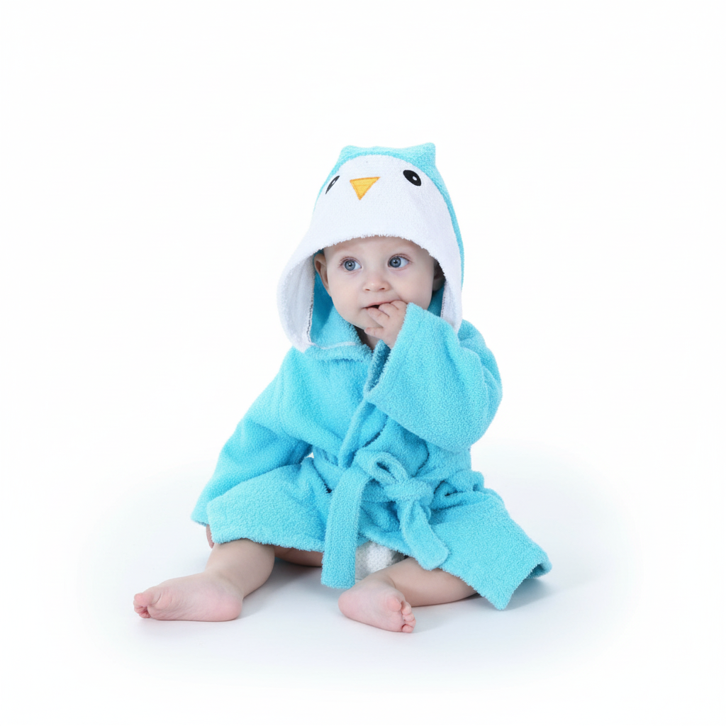 Unisex kids' animal hooded bathrobe, blue with an elephant face on the hood, great for bath time fun