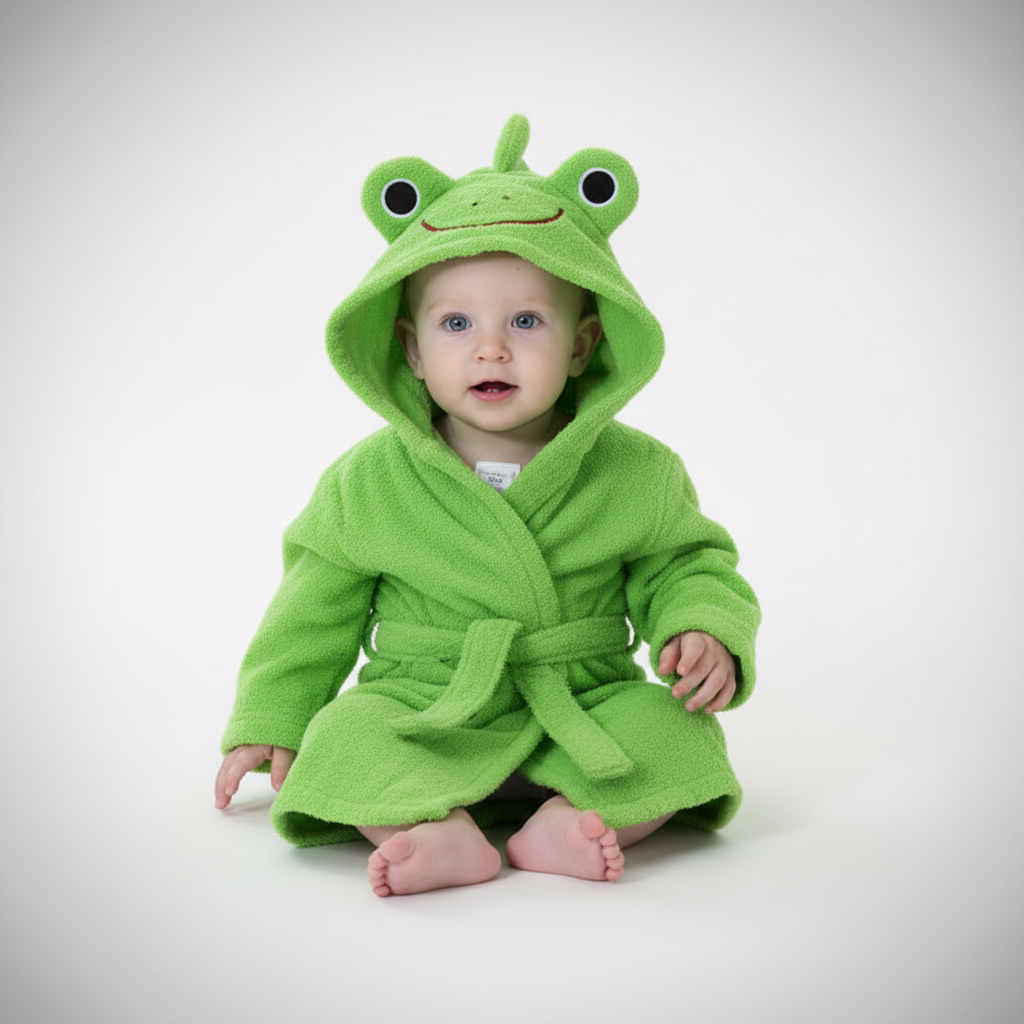 Little girl wearing a pink cotton animal hooded bathrobe, super soft and absorbent for children