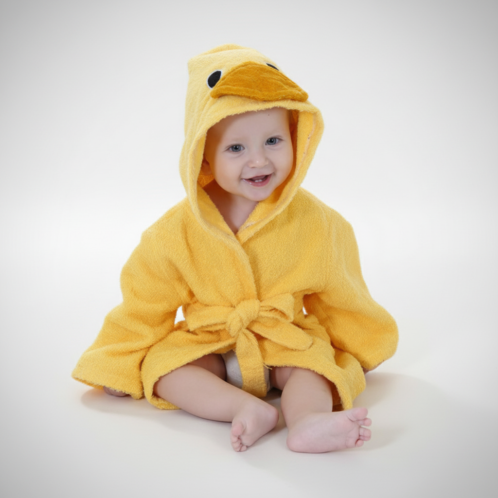 Child wrapped in a warm and cozy animal hooded bathrobe after a bath, featuring a cute bunny design