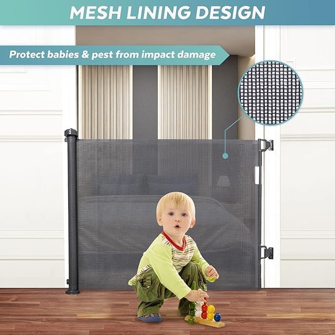 Durable retractable baby gate with automatic close, wall-mounted for secure child access