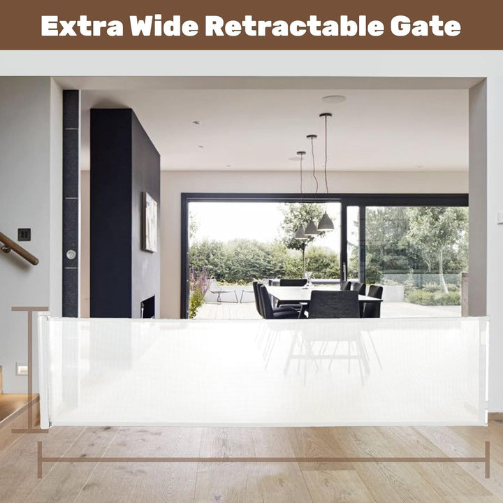 Child safety retractable gate with auto-lock, white for a clean aesthetic, easy to use