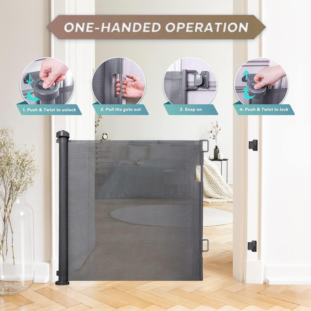 Mesh retractable safety gate, automatically locks, creating a secure environment for infants