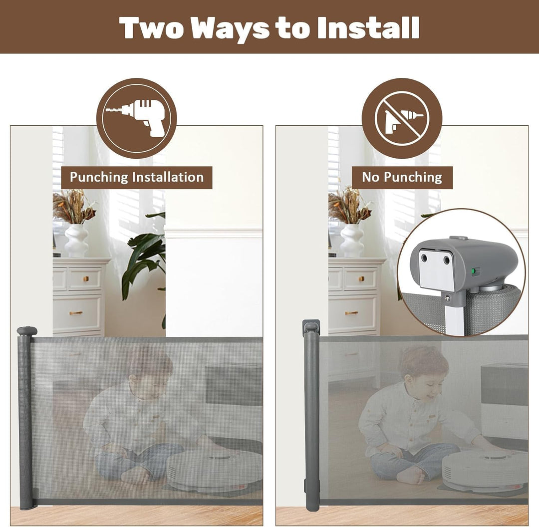 Compact retractable mesh pet and baby gate, auto-close mechanism, easy wall mount
