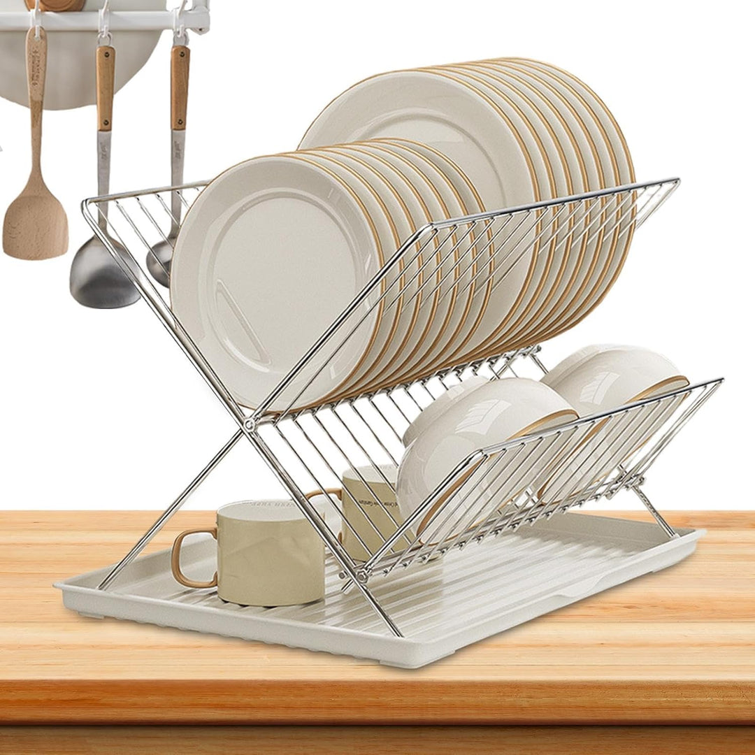 Foldable 2-tier dish drying stand, carbon steel frame, stainless steel tiers, detachable tray, kitchen essential.