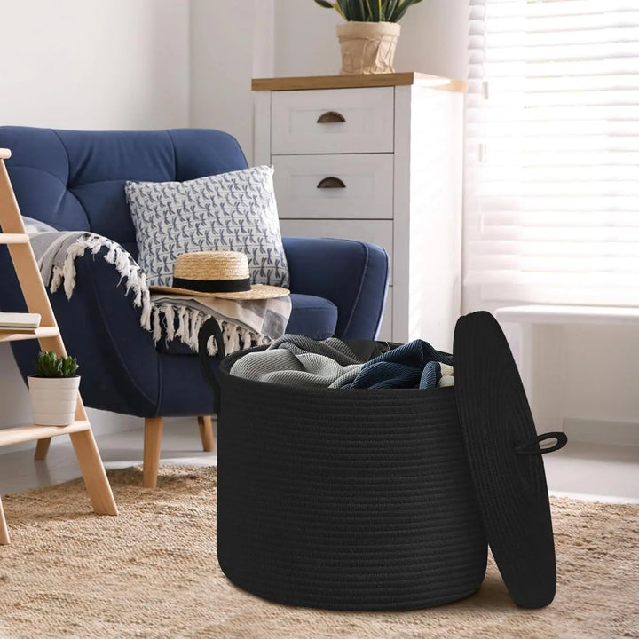 Spacious black cotton rope storage bin with lid, ideal for laundry or toys