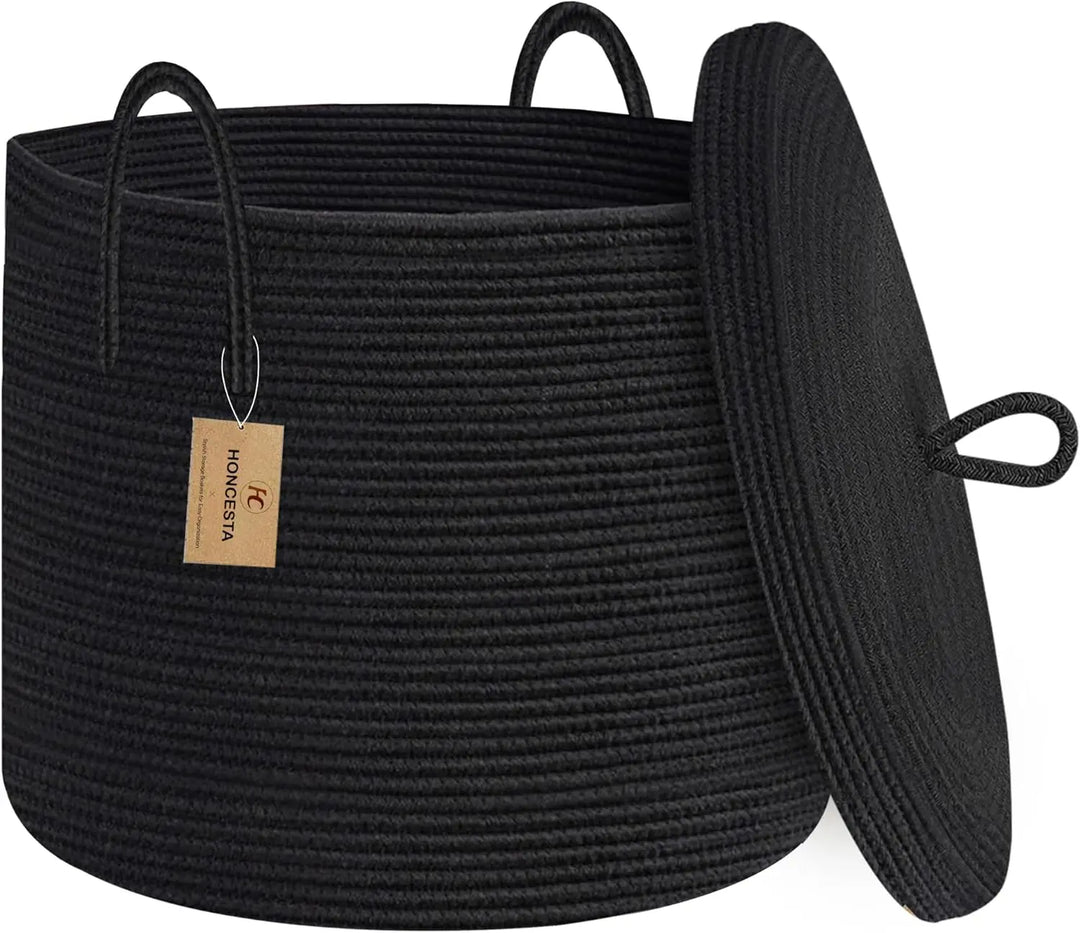 Large black cotton rope storage basket with lid, perfect for elegant home organization