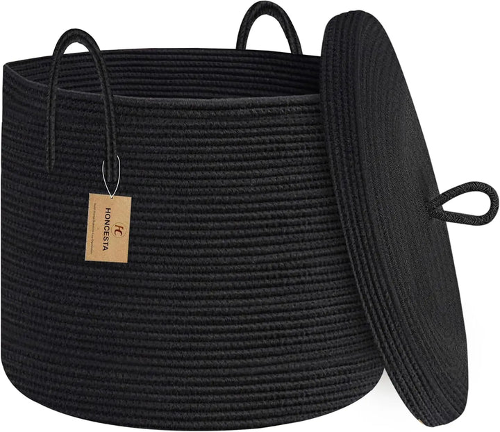 Large black cotton rope storage basket with lid, perfect for elegant home organization
