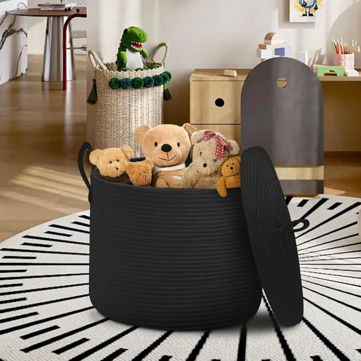 Collapsible black cotton rope basket with lid, ideal for laundry or toy storage