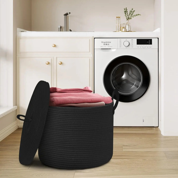 Black lidded cotton rope storage basket, adds a stylish touch to any room decor