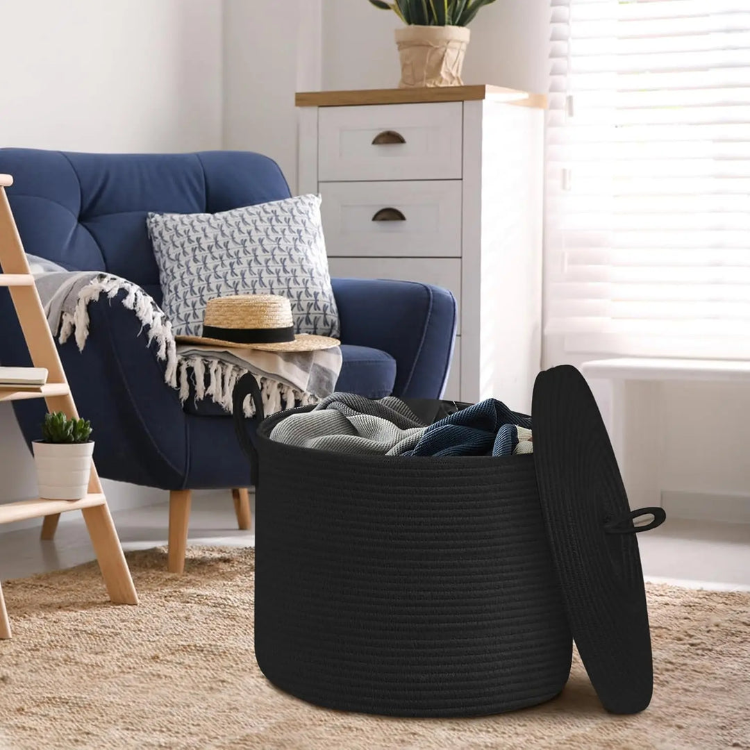 Elegant large black cotton rope basket with secure lid, a versatile solution for clutter-free living