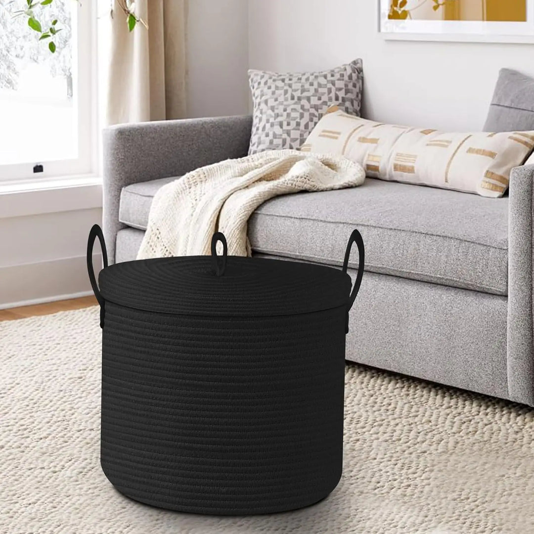 Durable black cotton rope storage basket with lid, great for toys and blankets
