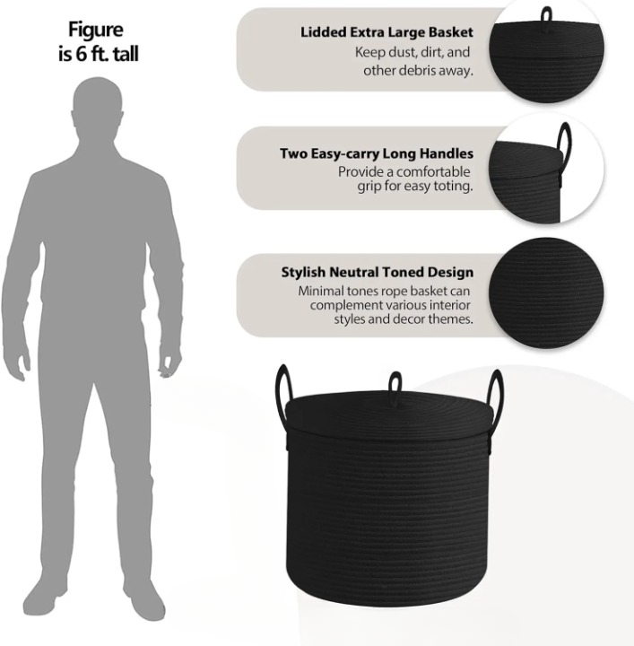 Stylish large black cotton rope basket with lid, versatile for various storage needs