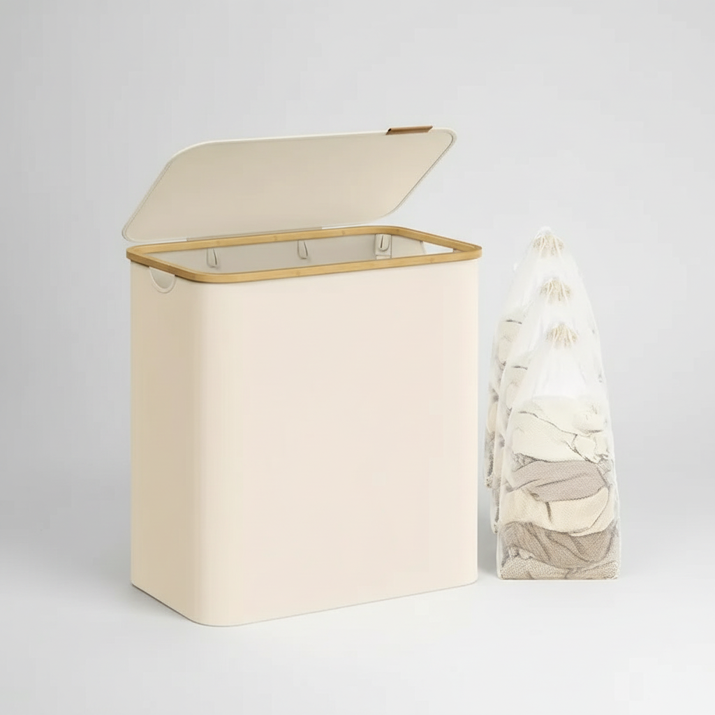 FreshFold unisex laundry hamper with three sections, ideal for sorting darks, lights, and delicates
