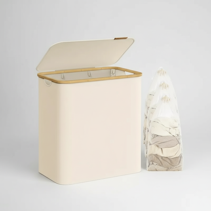 FreshFold unisex laundry hamper with three sections, ideal for sorting darks, lights, and delicates
