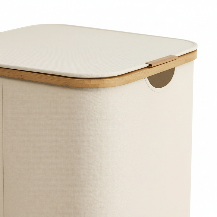 Breathable textile laundry basket in a neutral color, large capacity for household clothes storage