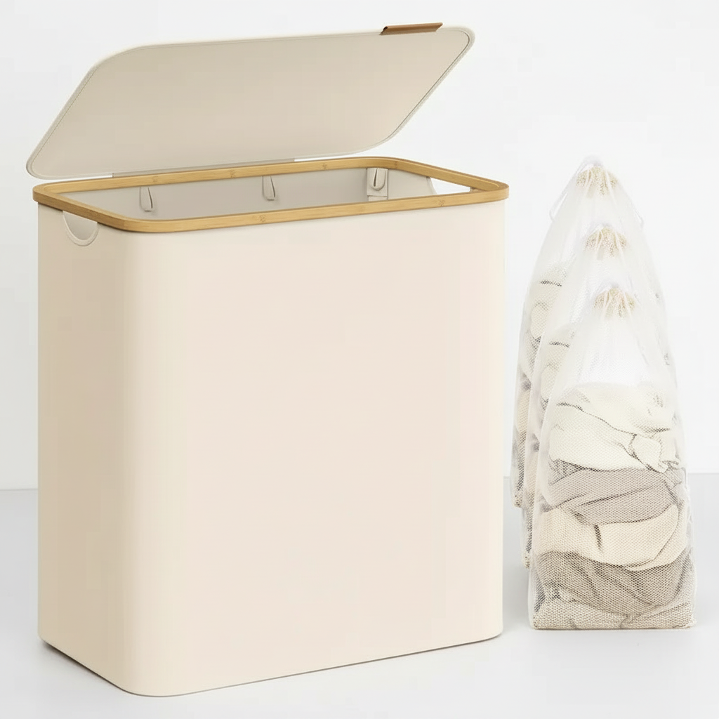 Large fabric laundry basket with handle, spacious 3-section design for easy clothes sorting
