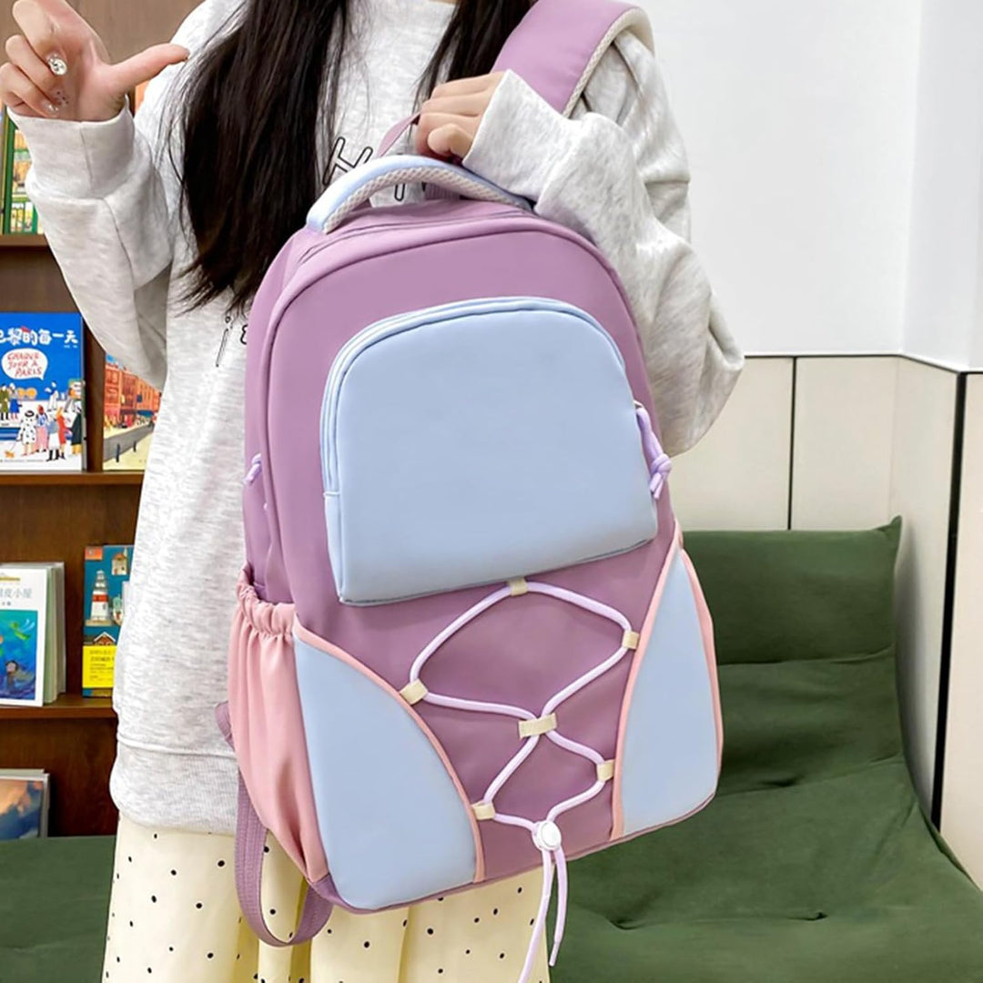 Student bag set with organized compartments for books and school essentials, open view